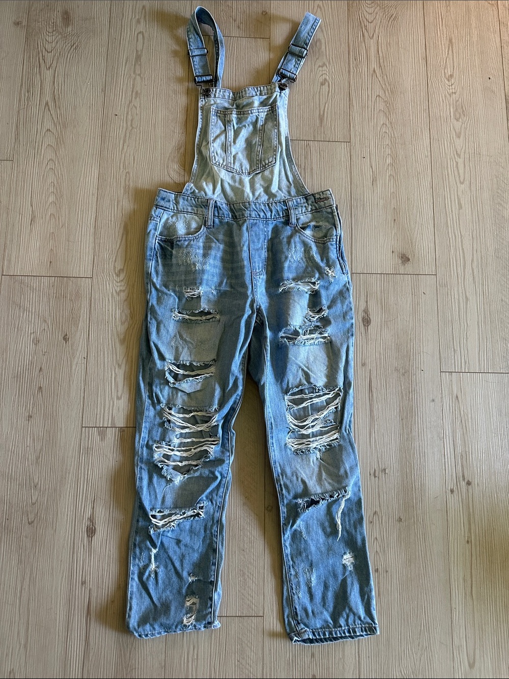 Distressed Cropped Light Blue Denim Overalls